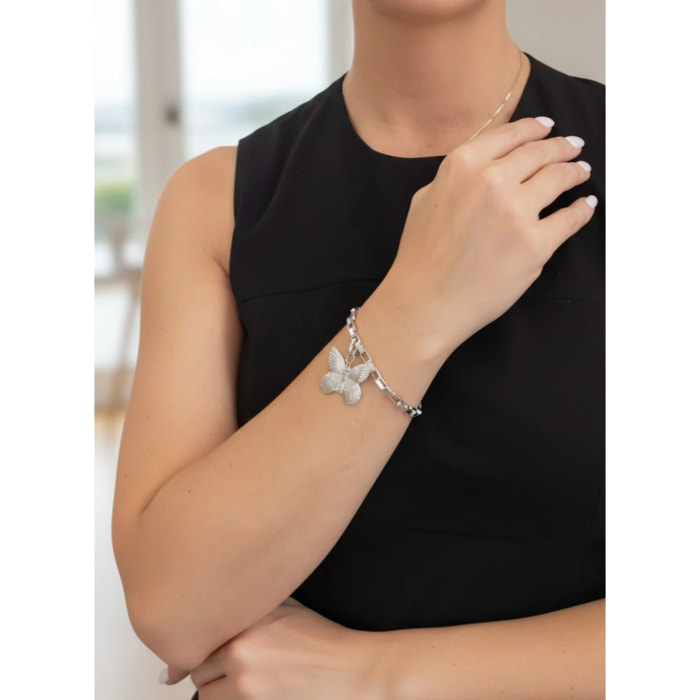 Pulsera cadena mariposa y flor con cierre T plata 10µ