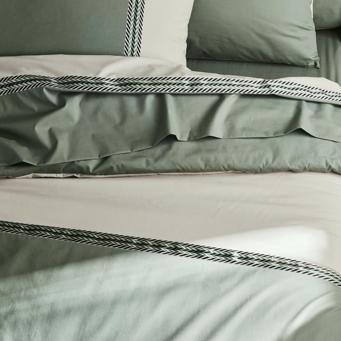 Drap plat en percale de coton à galon géométrique - Vert Olive