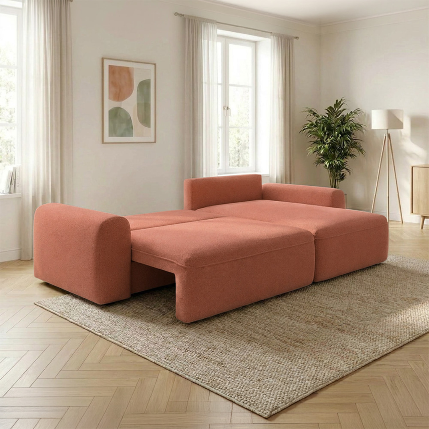 Canapé d'angle convertible terracotta 4 places tissu bouclé + coffre OLIZE
