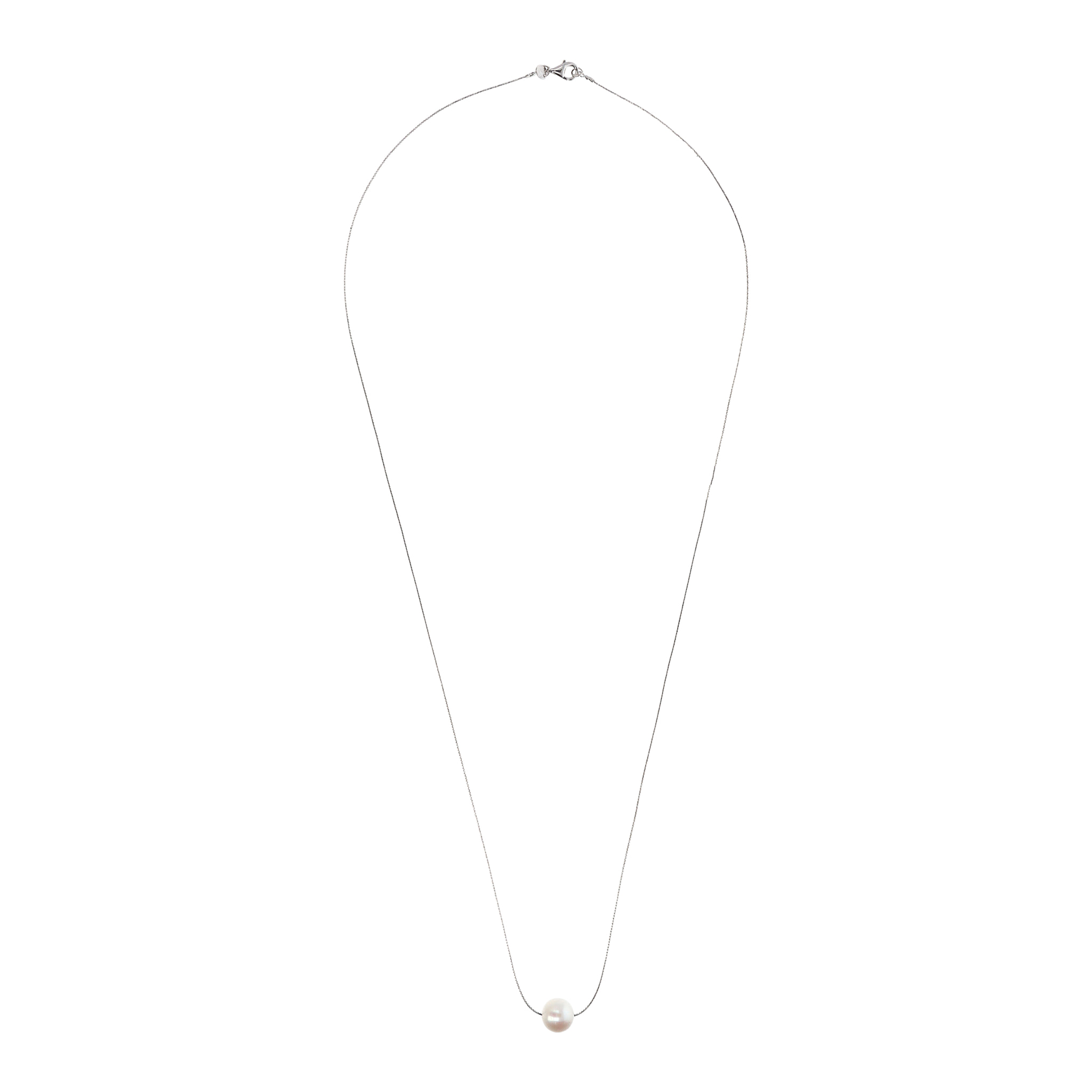 PERLAVIVA - Collana Lunga in Argento 925 placcato Oro Bianco 18Kt con Perla Bianca d'Acqua Dolce Ø11mm