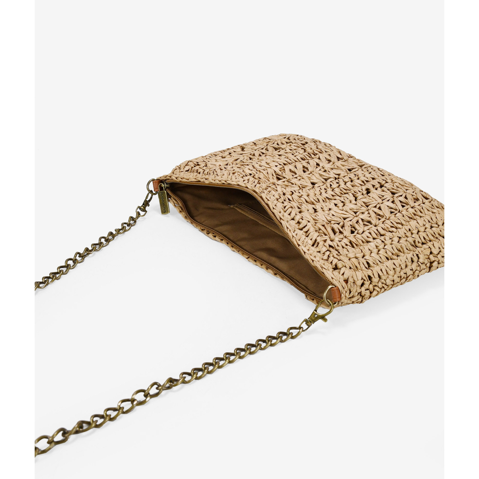 Bolso de rafia marrón claro con asa de cadena
