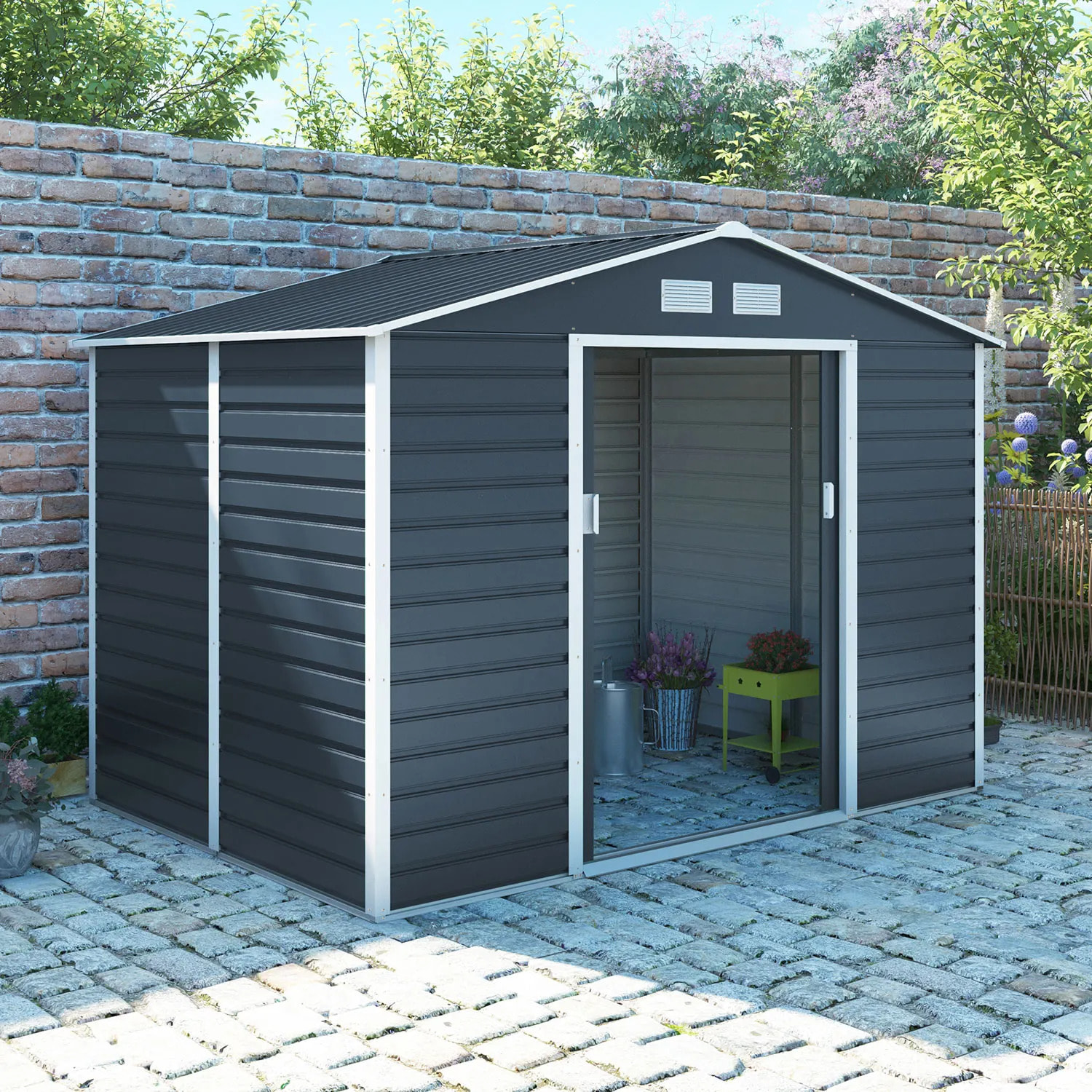 Abri de jardin métal anthracite 4,83 m² + kit d'ancrage