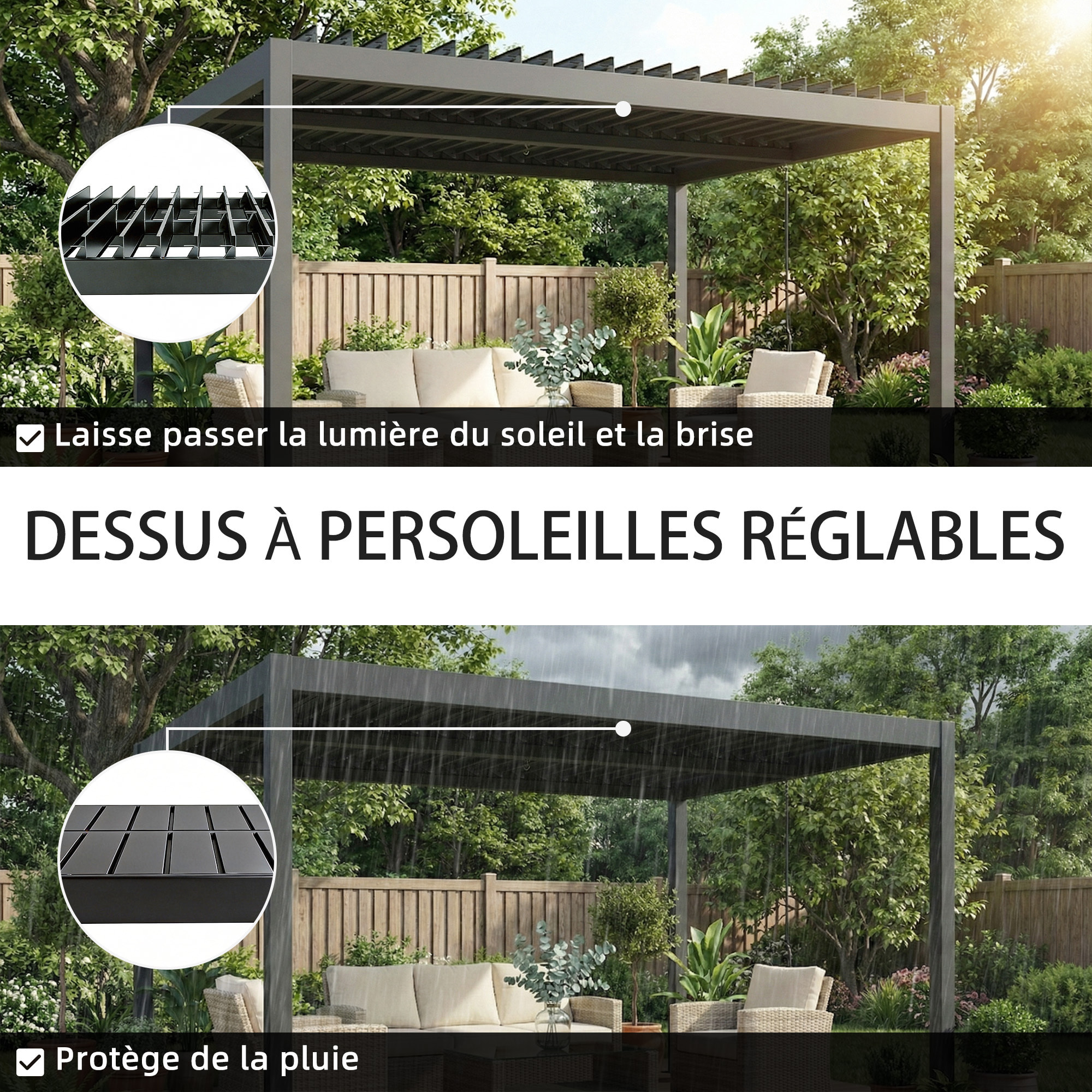 Pergola bioclimatique lames orientables aluminium gris foncé