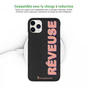 Coque iPhone 11 Pro effet cuir grainé noir Rêveuse corail et parme Design La Coque Francaise