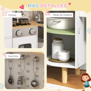 Cocina de Juguete de Madera para Niños de 3-6 Años Cocinita Infantil con Máquina de Hielo Fregadero de Acero Inoxidable Móvil Taza y Utensilios 84x34x89 cm Blanco