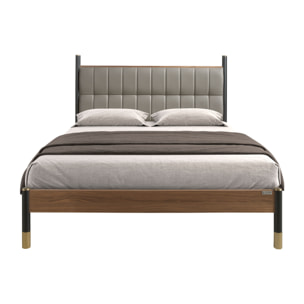 Cama Angel Cerdá de matrimonio con un cabecero en polipiel en gris oscuro y estructura de madera chapada en nogal natural y patas de madera de MDF en negro 160x215x112cm