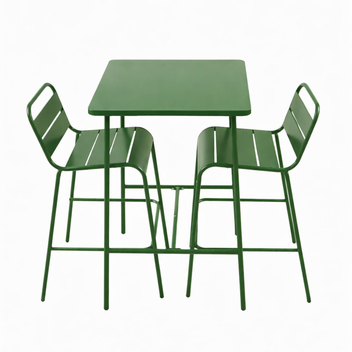 Ensemble table de bar et 2 chaises hautes d'extérieur vert EVORA