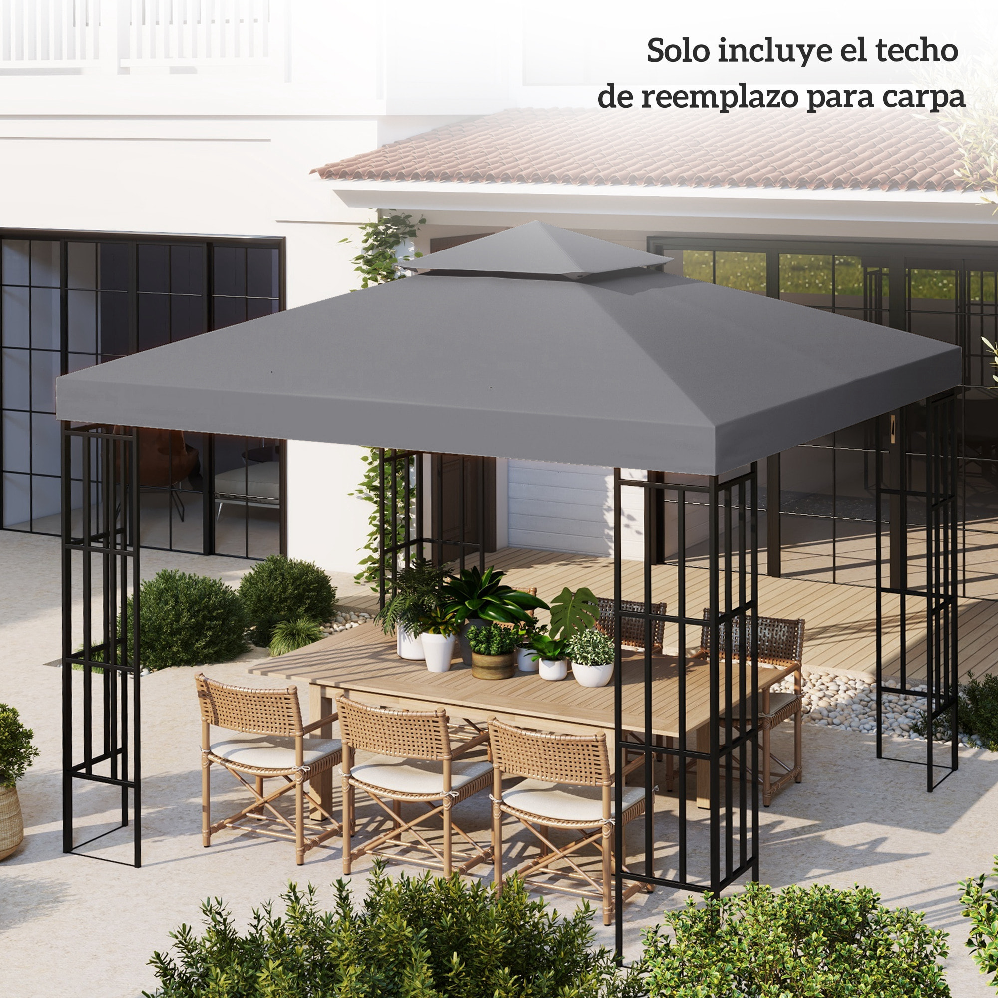 Techo de Repuesto para Cenador, 3x3 m, Cubierta de Repuesto con Techo Doble, 8 Orificios de Drenaje y Protección UV, SOLO Toldo de Recambio para Pabellón Gazebo, Gris Oscuro