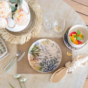 Lot de 6 assiettes plates motif aquatique en grès 26cm CORFOU