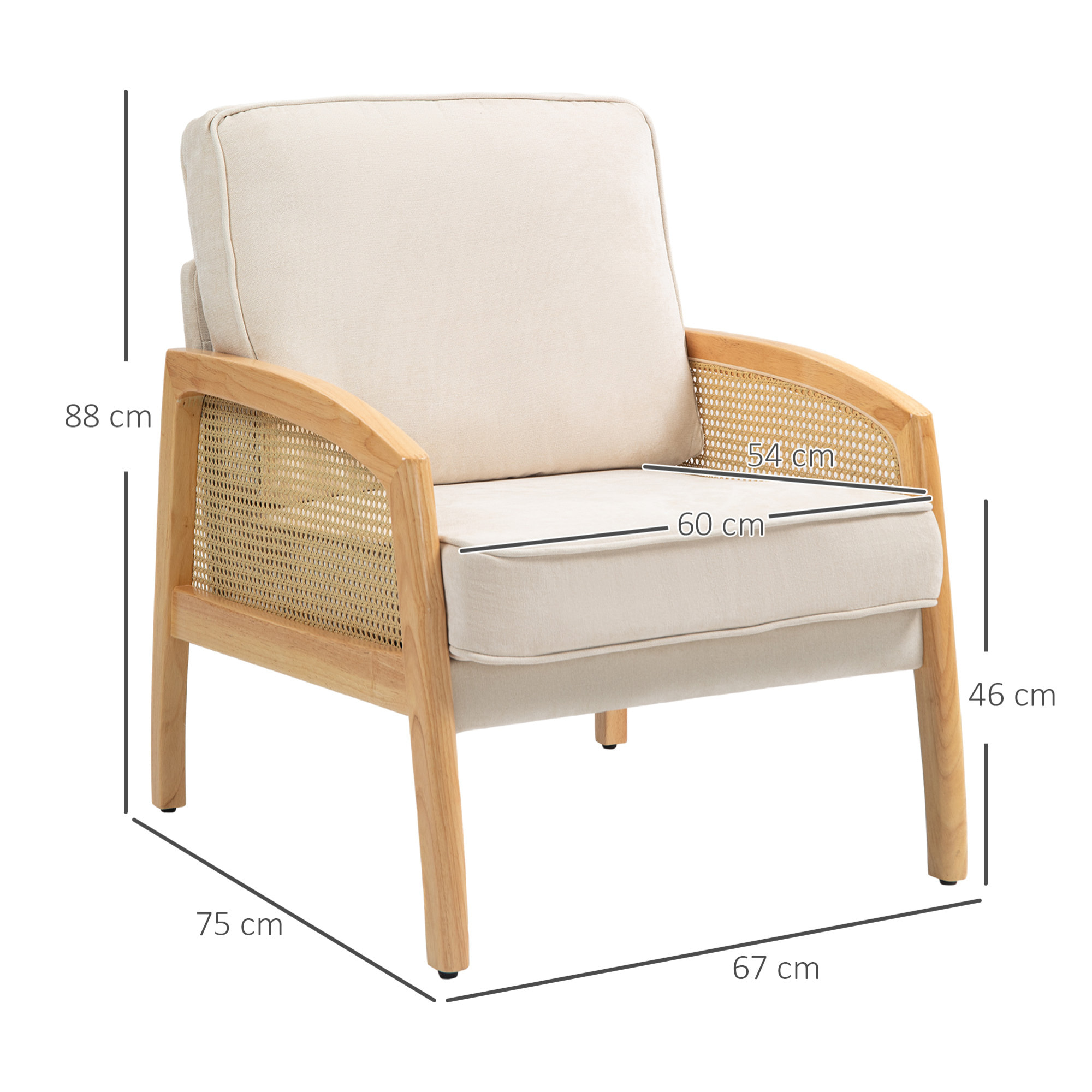 Sillón de Salón Moderno Butaca para Dormitorio con Reposabrazos de Ratán Cojín Extraíble y Patas de Madera Sofá Individual Carga 120 kg para Oficina Sala de Estar Beige