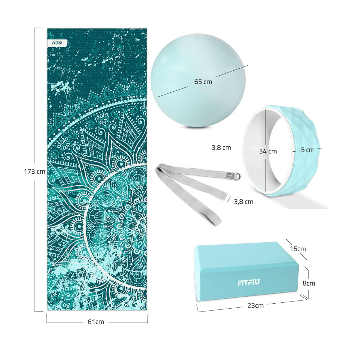 Kit de yoga et Pilates BLEU 5 accessoires tapis, bloc, ballon, roue et sangle