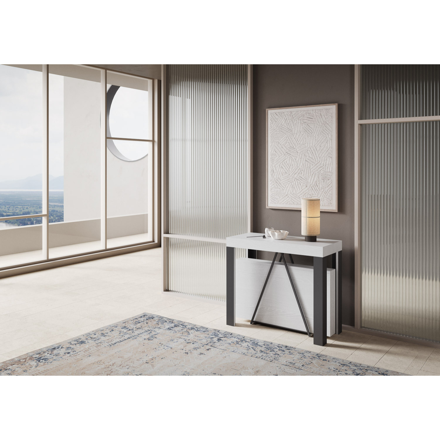 Consolle allungabile 90x40/196 cm Tarax Small bianco frassino telaio antracite