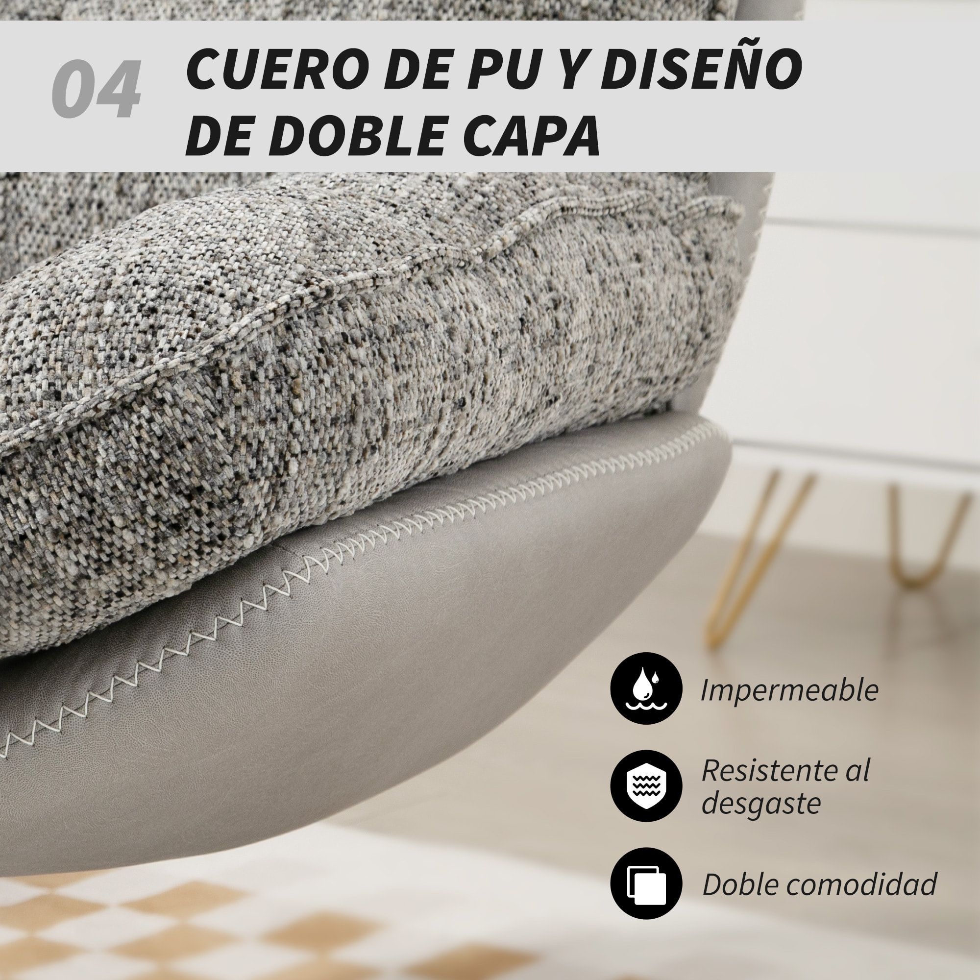 Sillón Giratorio Moderno, Butaca de Salón con Base Cruz, Tapizado en Chenilla y Cuero PU, Asiento Ancho Doble, Patas de Acero y Reposabrazos, Sillón Relax para Sala de Estar, Dormitorio, Gris