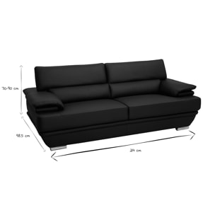 Canapé design avec têtières ajustables 3 places cuir noir et acier chromé EWING