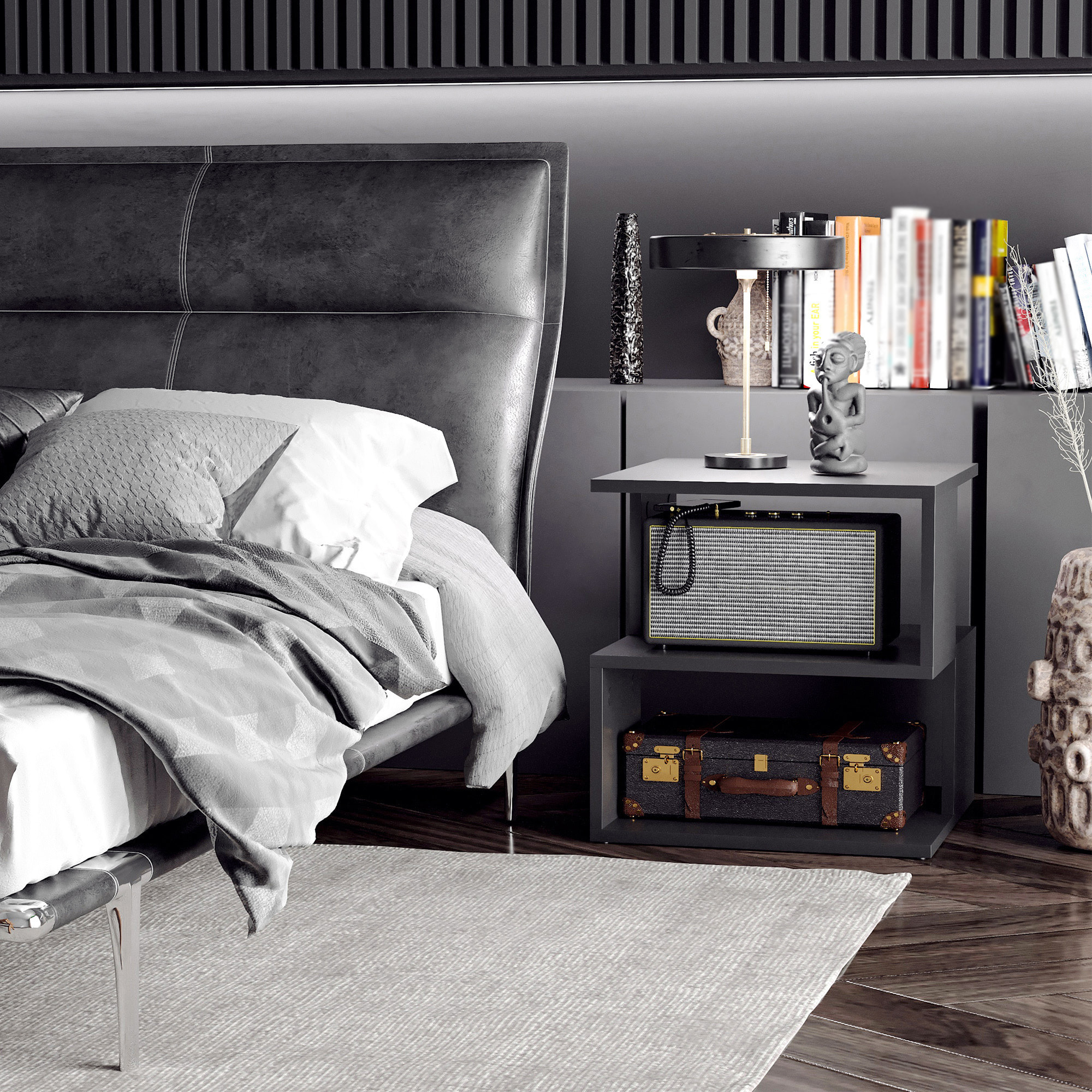 Mesa Auxiliar Cuadrada de 3 Niveles, Mesita Auxiliar Moderno con 3 Estantes Abiertos de Almacenaje, para Salón, Dormitorio, Librería, 40x40x43 cm Negro