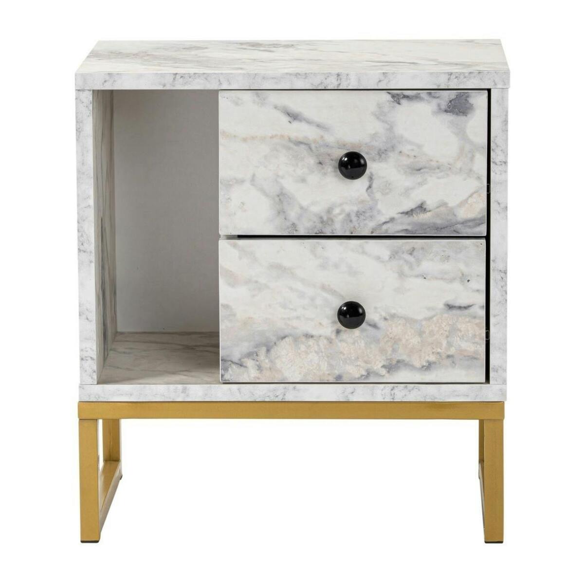 Table de nuit 2 tiroirs - effet marbre, pieds dorés JENA