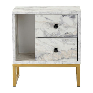 Table de nuit 2 tiroirs - effet marbre, pieds dorés JENA
