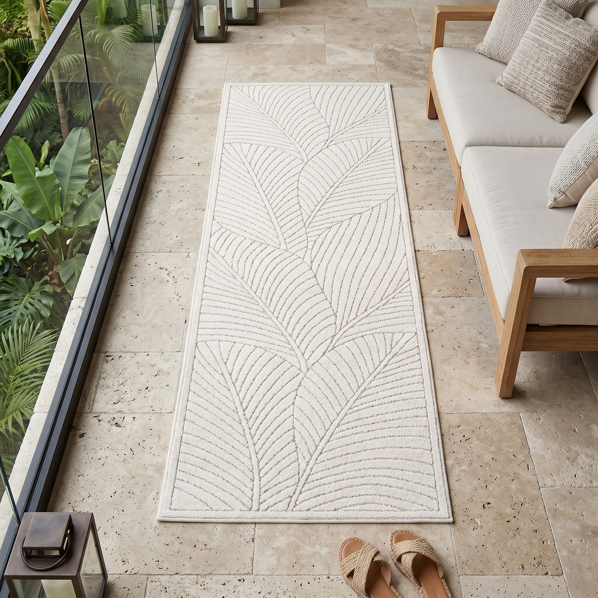 NOVA - Tapis intérieur/extérieur crème à motif feuilles