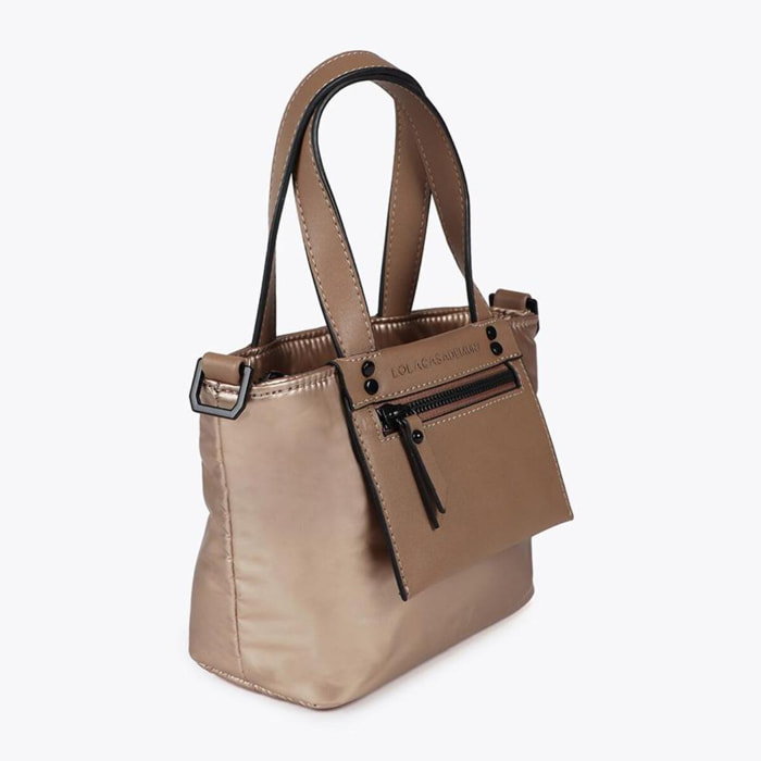 Mini shopper in nylon satinato con dettagli in effetto pelle