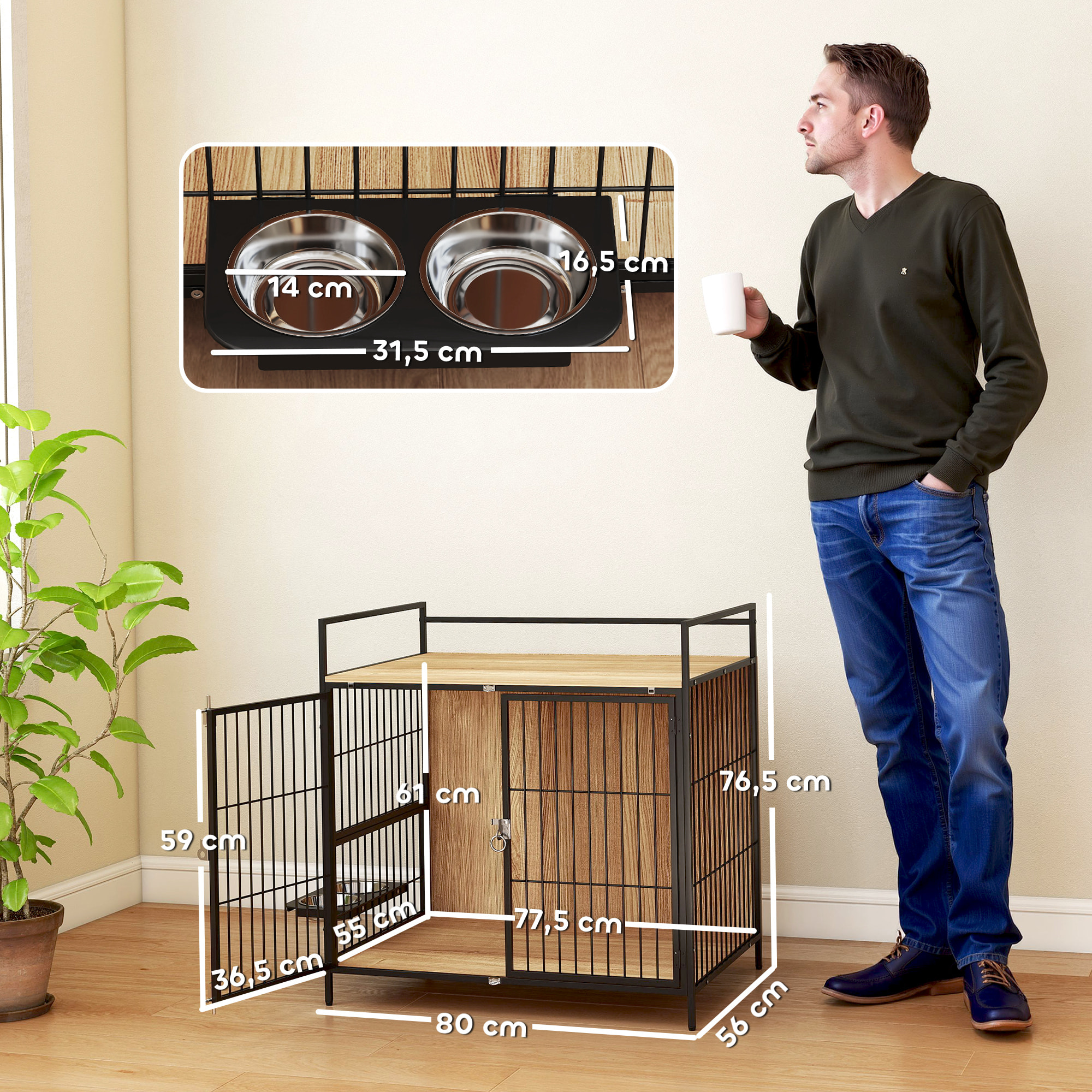 Jaula para Perros Mesa Auxiliar Moderna Casa para Mascotas con Soporte Giratorio con 2 Tazones 2 Puertas y Estante de Almacenamiento Superior para Perros Medianos 80x56x76,5 cm Roble