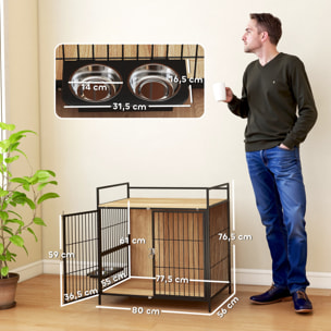 Jaula para Perros Mesa Auxiliar Moderna Casa para Mascotas con Soporte Giratorio con 2 Tazones 2 Puertas y Estante de Almacenamiento Superior para Perros Medianos 80x56x76,5 cm Roble