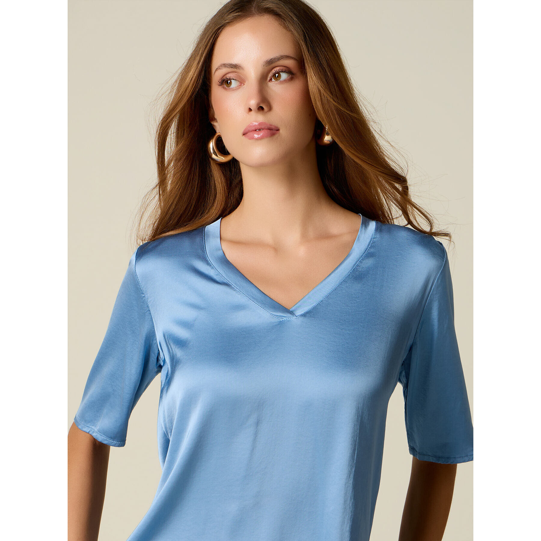 Oltre - Blusa maniche corte in raso - Azzurro