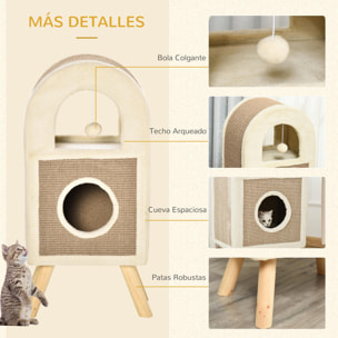 Árbol Rascador para Gatos de 2 Niveles con Cueva de Sisal Natural y Felpa Puerta Arqueada Bola de Juguete y 4 Patas Elevadas de Madera 40x34x91 cm Café