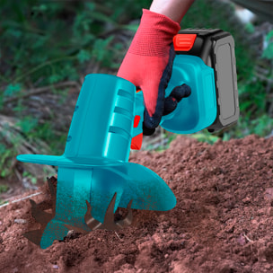 Mini coltivatore elettrico da giardino senza fili 21V con batteria doppia da 15000 mAh. Include manico lungo e 2 paia di lame.