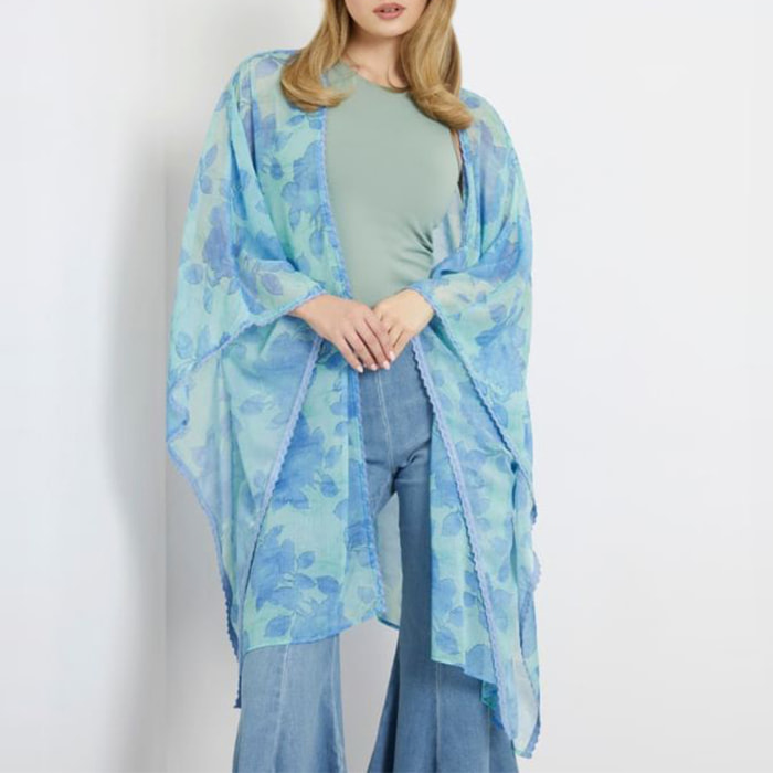Kimono Asie - motif floral - bleu