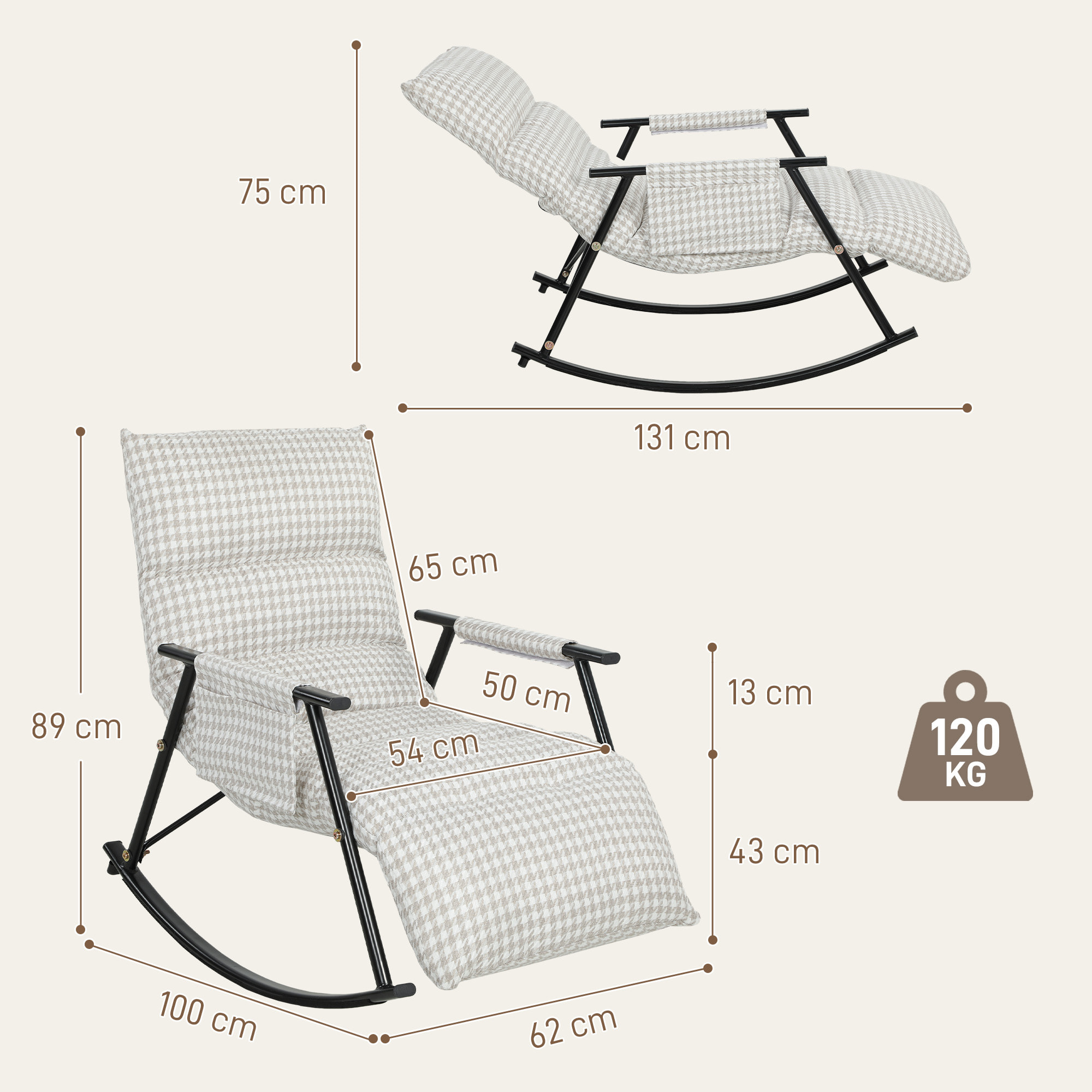 Silla Mecedora con Respaldo y Reposapiés Ajustables, Mecedora Sillón Balancín 105°, Tapizada en Lino, con Bolsillo Lateral y Marco de Metal, Carga 120 kg, para Dormitorio, Salón, Gris y Blanco