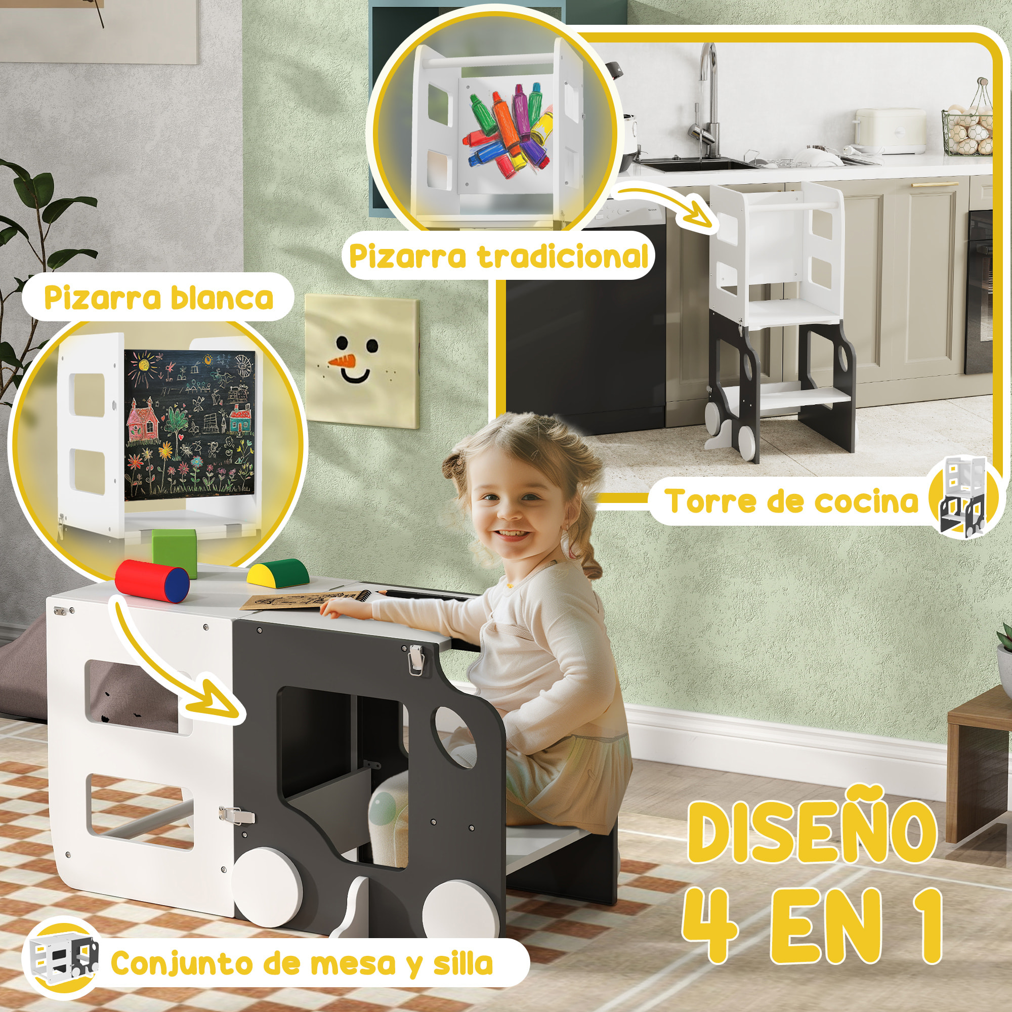 Torre de Aprendizaje 4 en 1 Taburete de Aprendizaje para Niños de +3 Años en Forma de Coche Convertible en Mesa y Silla con Pizarra de Doble Cara Barra de Seguridad 58x46x92 cm Blanco y Gris