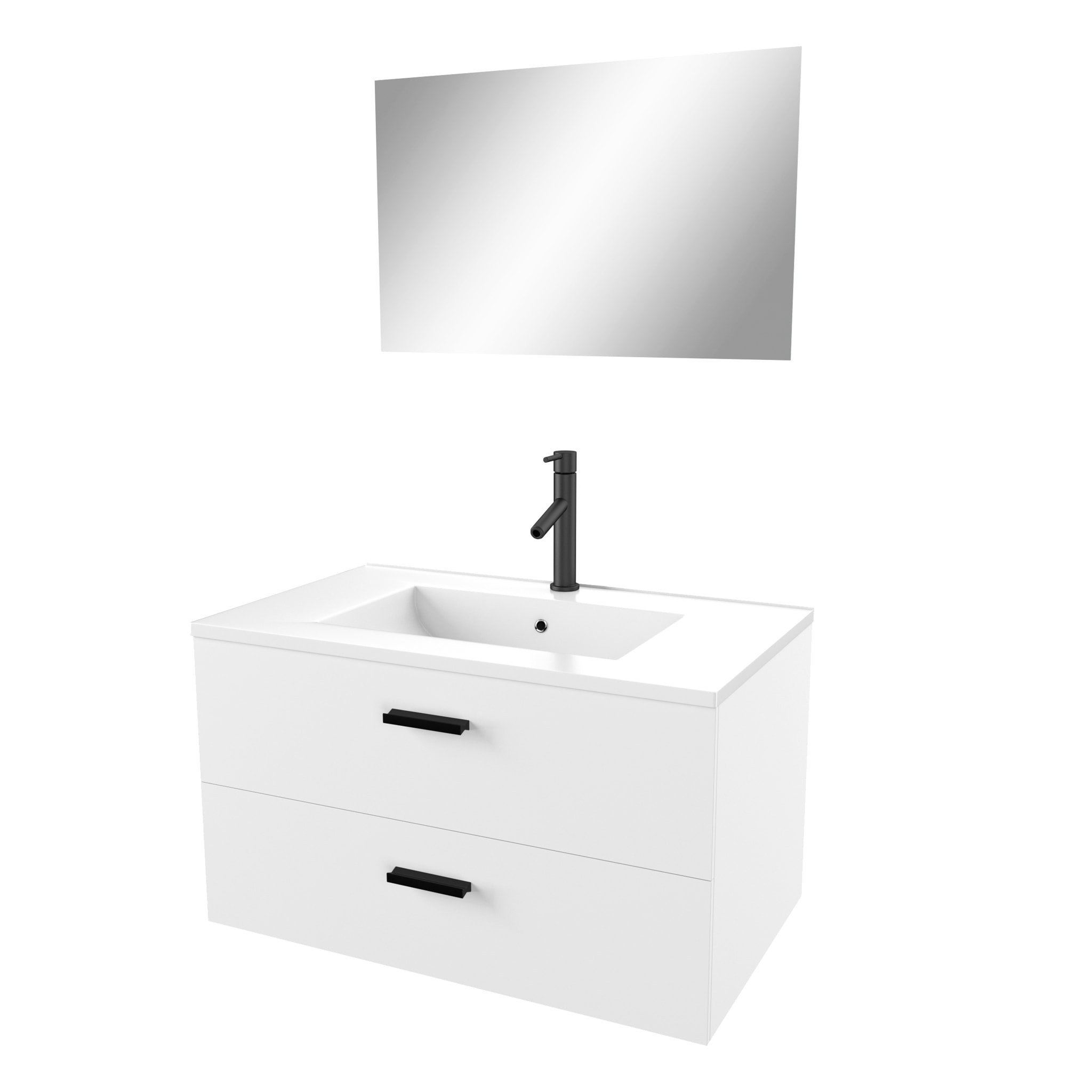 Meuble salle de bain 80 cm suspendu 2 tiroirs Blanc avec vasque et miroir - BOX-IN