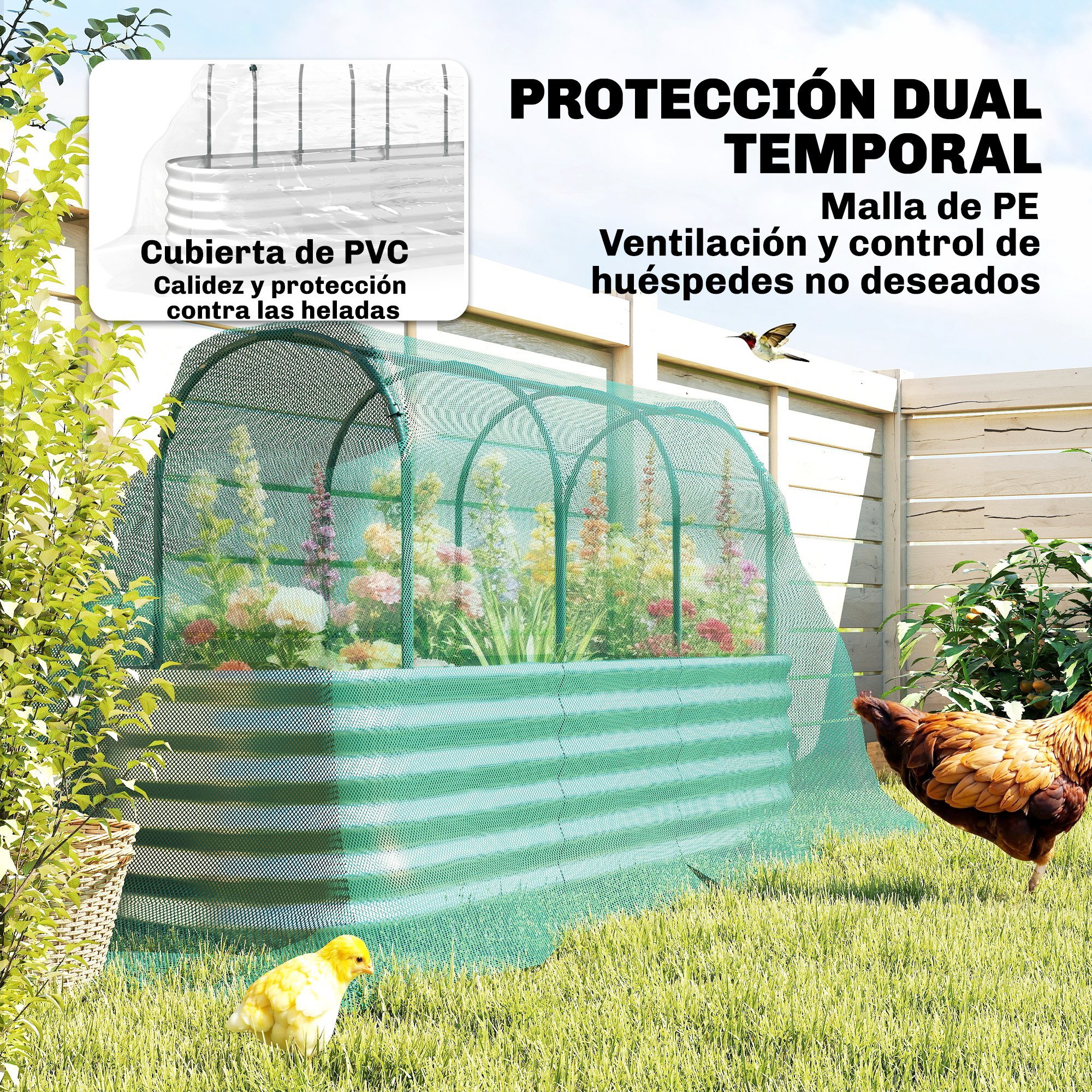 Jardinera Exterior Grande con Cubierta de Invernadero y Malla, Huerto Urbano de Acero Galvanizado con Fondo Abierto, Resistente a la Intemperie, para Patio, Terraza, 200x60x103 cm, Plateado