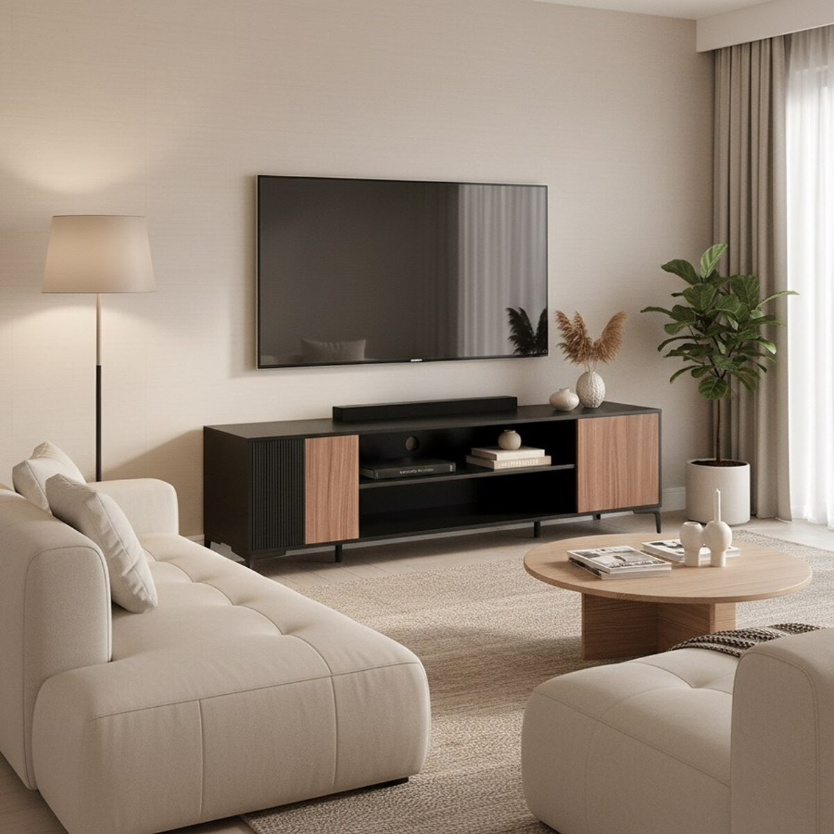 Mobile TV soggiorno moderno in legno noce e nero 180x40x53