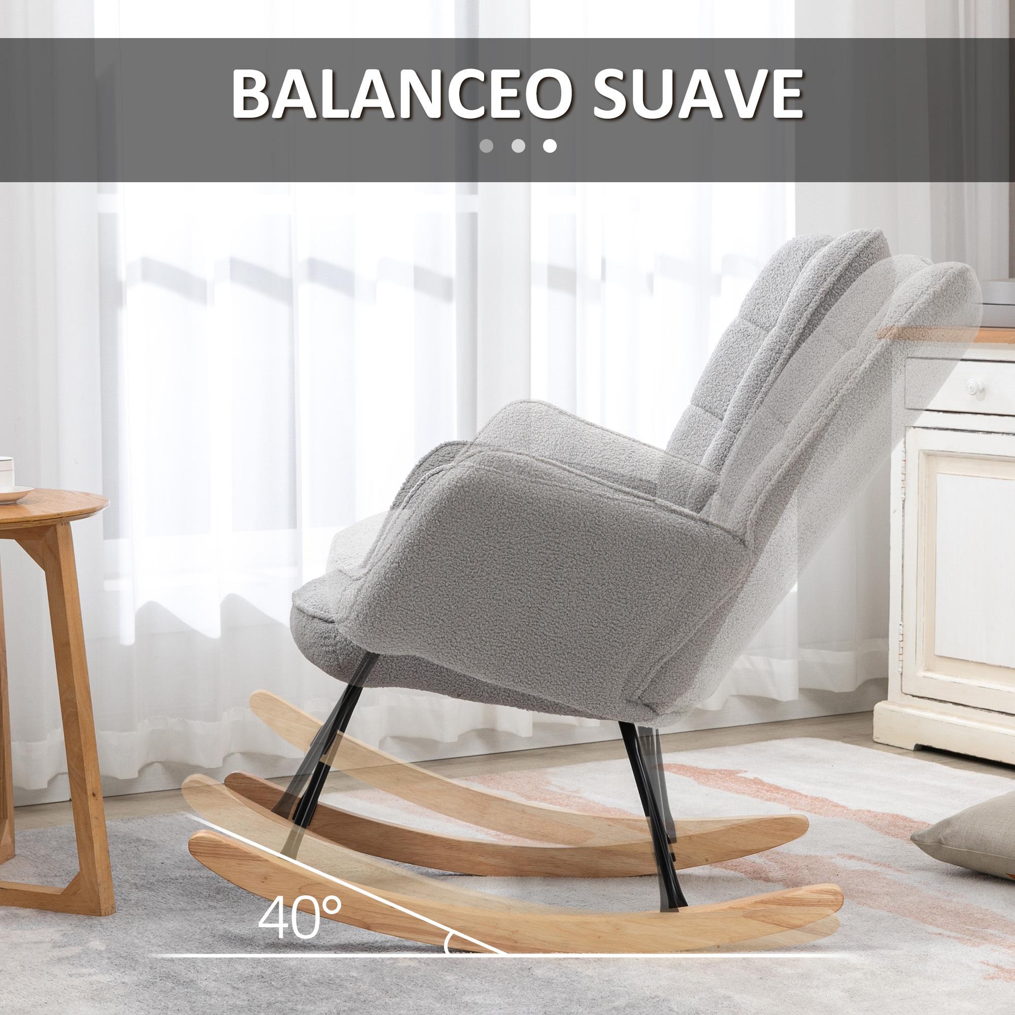 Silla Mecedora Sillón Balancín Butaca de Salón Oscilante 40° con Patas de Madera de Haya y Marco de Acero para Dormitorio Carga 120 kg 71x92x101 cm Gris