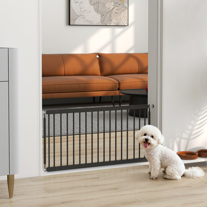 Barrera de Seguridad para Perros Pequeños Extensible 67-93,5 cm, Altura 45 cm, para Puertas y Escaleras, Puerta para Perros con Montaje a Presión, 2 Extensiones 7/14 cm, Negro