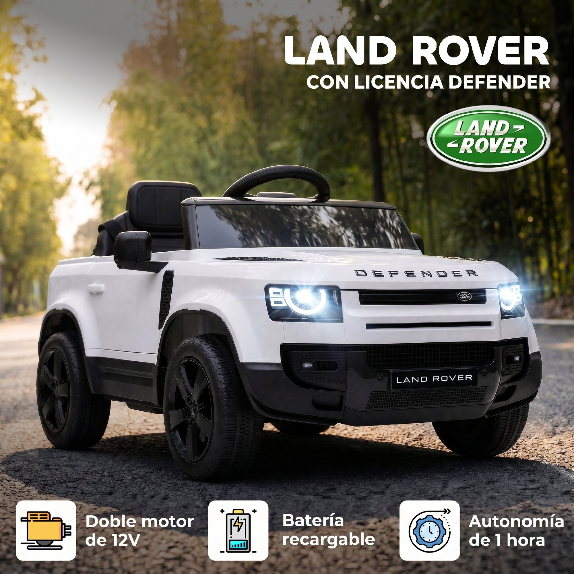 AIYAPLAY Coche Eléctrico SUV para Niños Land Rover Defender Coche de Batería 12 V Mando a Distancia 2,4G Suspensión Arranque Suave 2,7-4,5 km/h Rueda Auxiliar Luces LED Música Claxon 3-5 Años Blanco