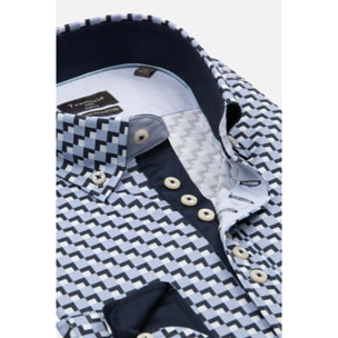 Camicia Uomo 1 Bottoni Button Down Slim Popeline Stretch Stampato Blu/Celeste