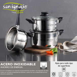 Batería de cocina 5 piezas acero inoxidable y set 3pcs sartenes 16/20/24 rojo