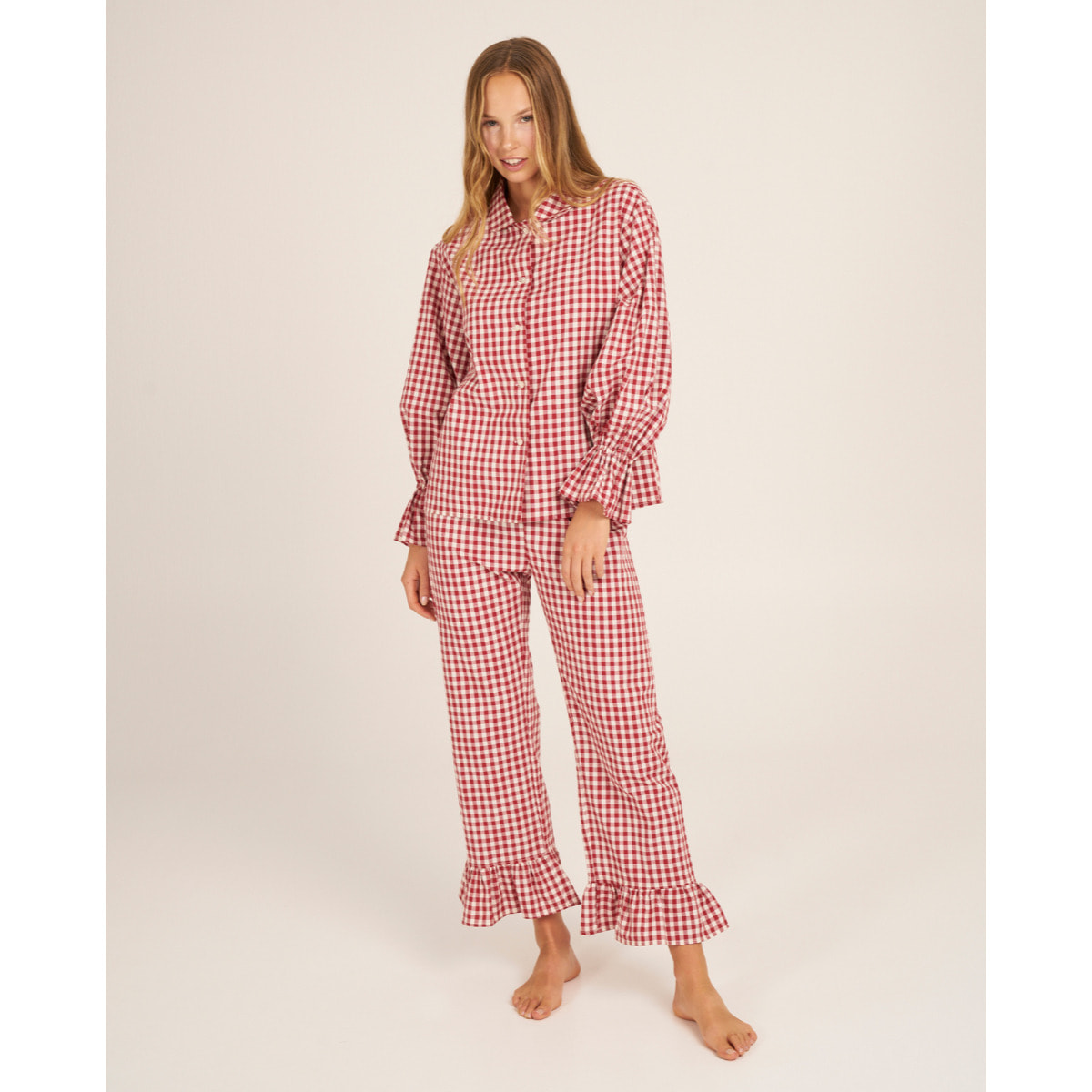 Camiseta de pijama de mujer abotonada de cuadros vichy