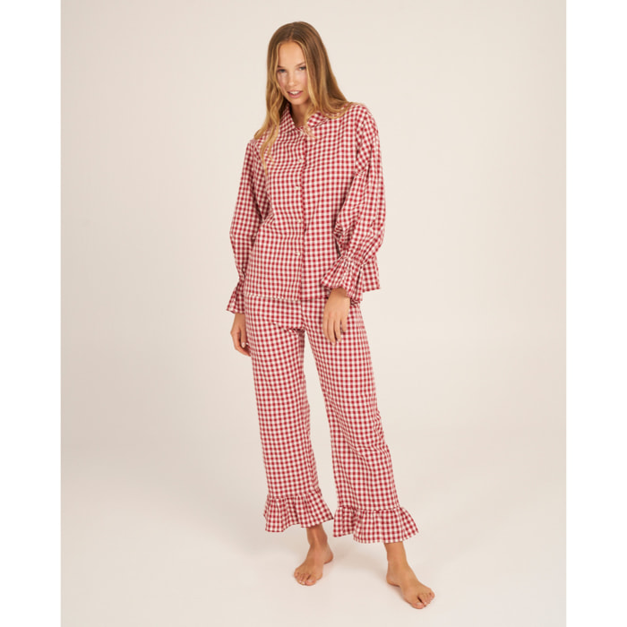 Camiseta de pijama de mujer abotonada de cuadros vichy
