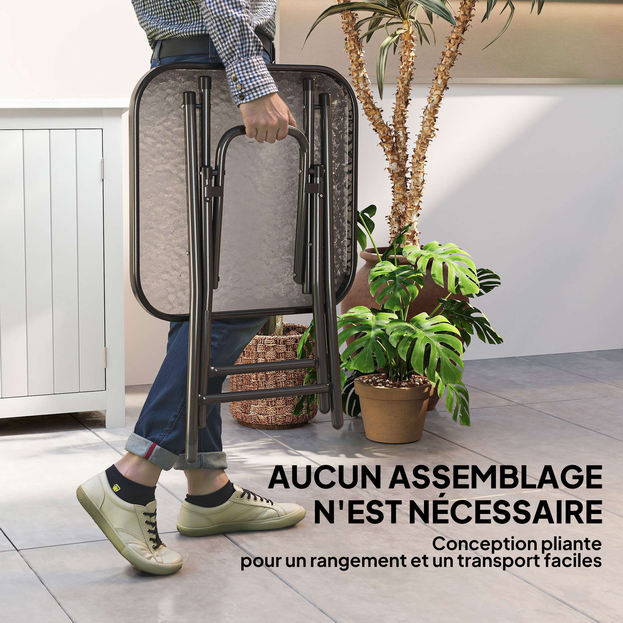 Table basse carrée bistro de jardin dim. 45 x 45 x 50 cm pliable métal époxy noir plateau verre trempé