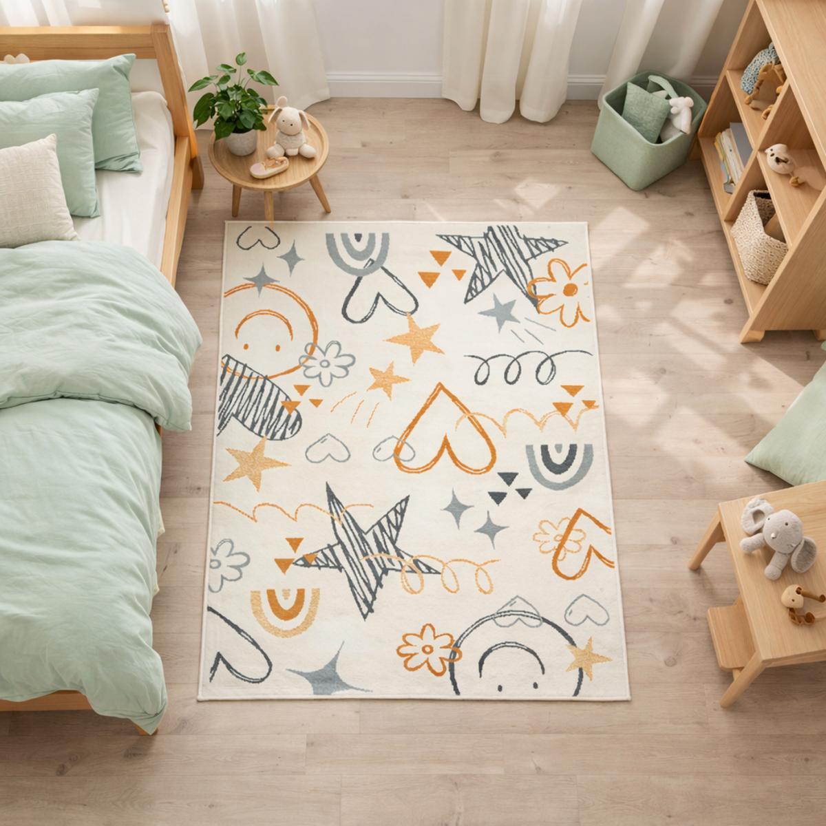 Tapis enfant KIDA, motifs ludiques étoiles et cœurs