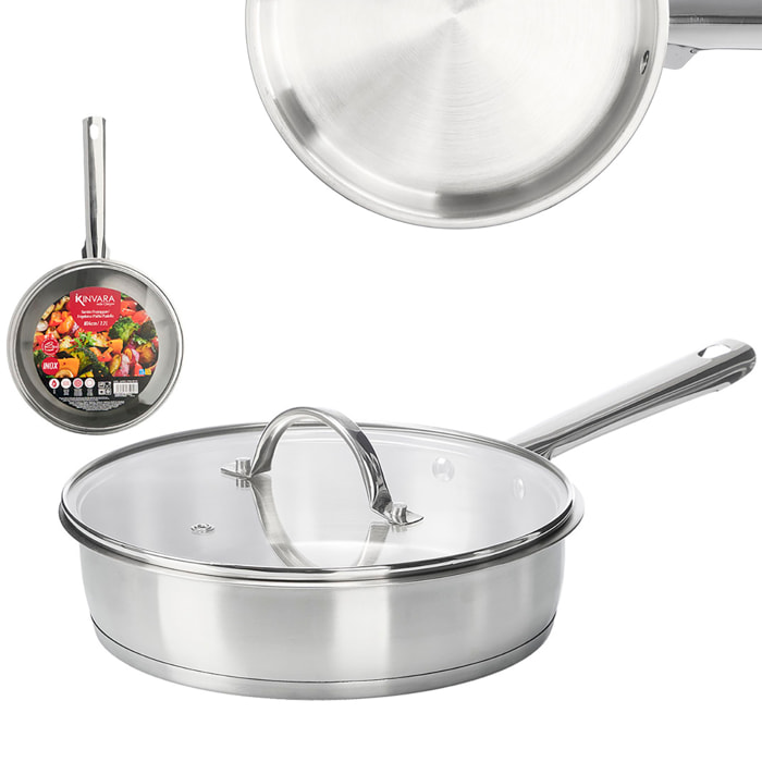 Pentola profonda in acciaio inossidabile con coperchio in vetro. Diametro di 24 cm e 2,2 L.