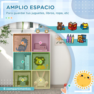 Estantería para Juguetes Infantil Librería para Niños de +3 Años con 6 Compartimientos de Almacenaje y 3 Cajones de Tela no Tejida con Imagen de Animales 61,8x29,9x91,5 cm Blanco y Gris