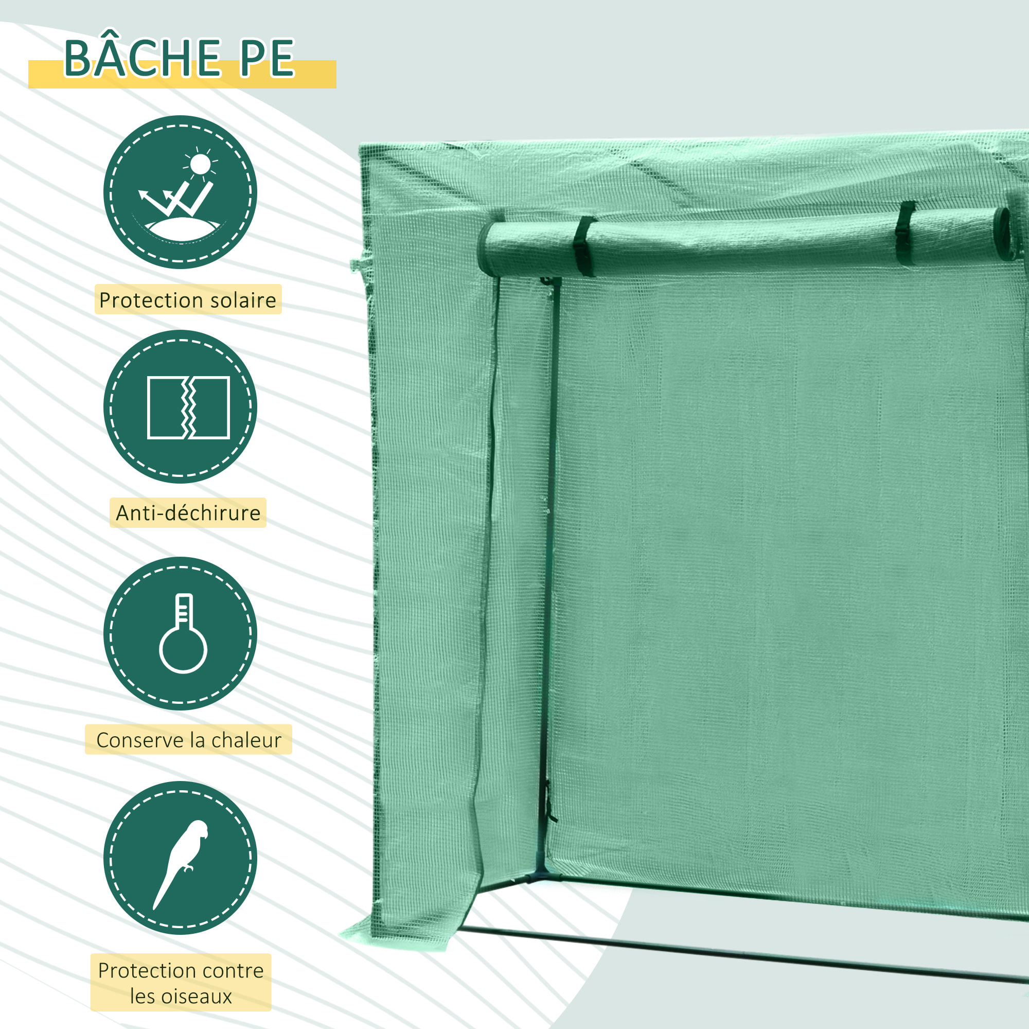 Serre de Jardin 200L x 73l x 168H cm acier PE haute densité 140 g/m² anti-UV avec porte zippée déroulante et fenêtres vert