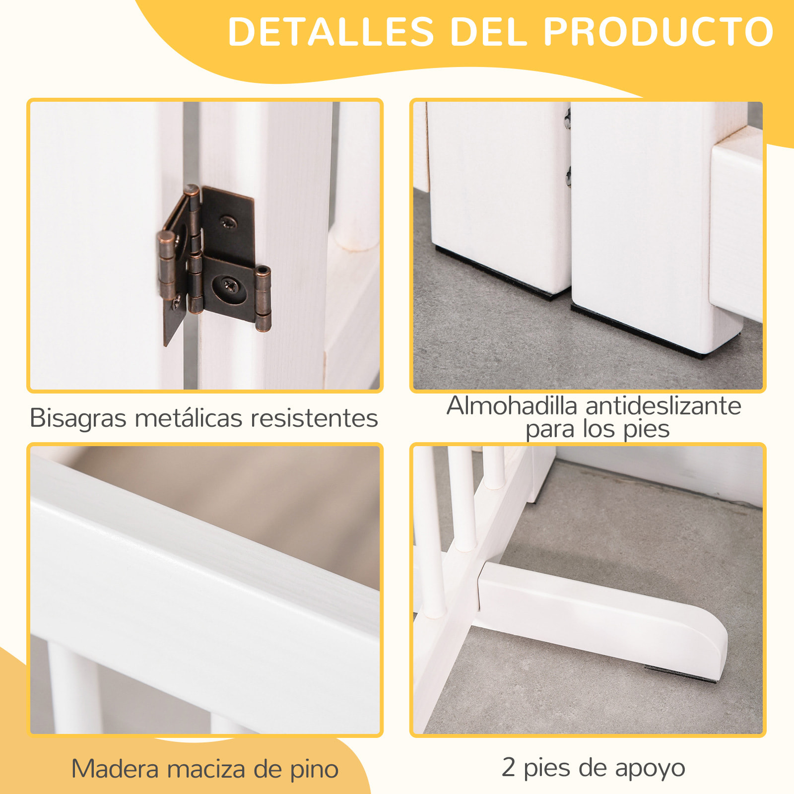 Barrera de Seguridad para Perros de Madera Plegable, para Escaleras y Puertas, Valla para Perros Pequeños y Medianos de 4 Paneles, con Soporte de Pie, para Interiores, 204x36x75 cm, Blanco