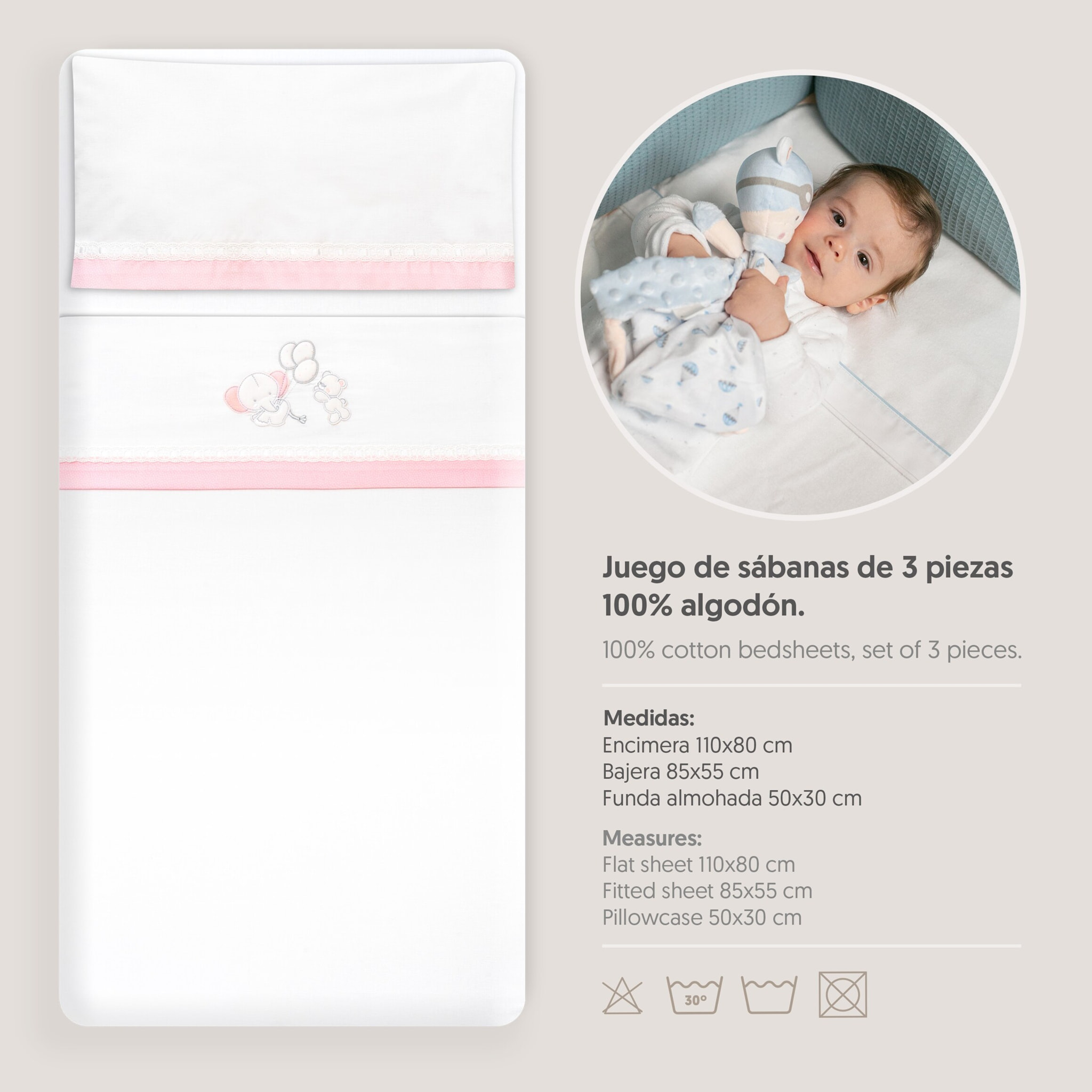 Triptico Minicuna Pasacinta Oso Elefante Globos Bco/Rosa