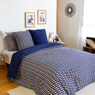 Parure housse de couette en microfibre motif géométrique -bleu