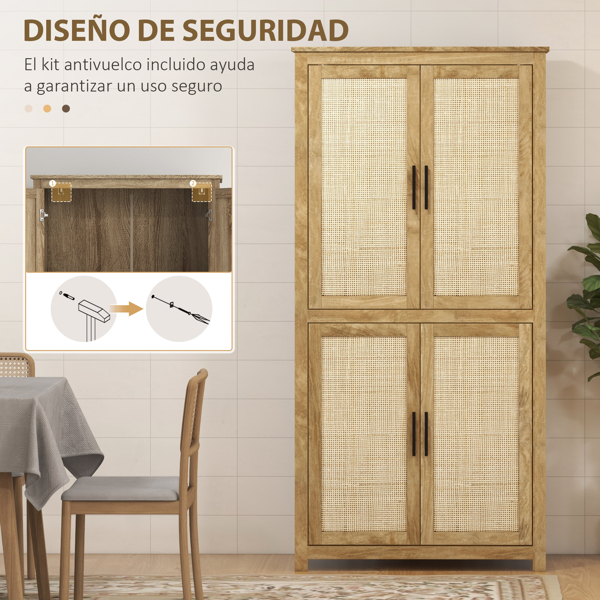 Alacena de Cocina, Mueble Auxiliar de Cocina Alta, con 4 Puertas de Ratán y Estantes Ajustables, Estilo Bohemio, Natural, 80x33x162,6 cm